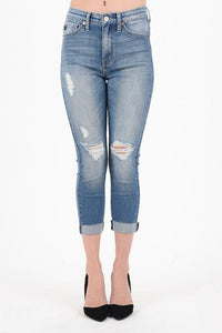 Capri cropped distressed mid-rise slim-leg jeans