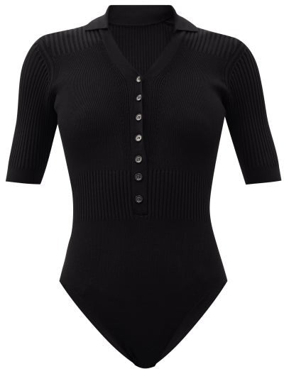Yauco Buttoned Rib-knitted Bodysuit top - Black