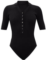 Load image into Gallery viewer, Yauco Buttoned Rib-knitted Bodysuit top - Black

