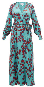 Load image into Gallery viewer, Claire Pomegranate-print Silk-satin Wrap Dress - Blue Multi
