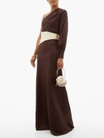 Load image into Gallery viewer, Helga One-shoulder Hammered-silk Gown - Brown White
