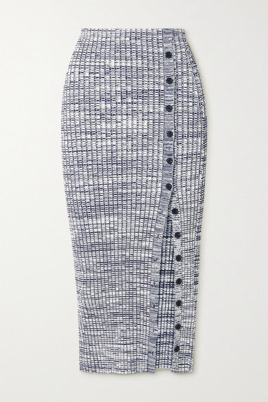 Button-embellished Mouline Ribbed-knit Midi Skirt - Navy
