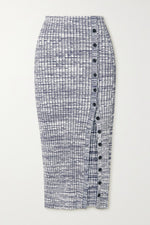Load image into Gallery viewer, Button-embellished Mouline Ribbed-knit Midi Skirt - Navy
